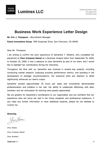 Free Business Work Experience Letter Design Template to Edit Online