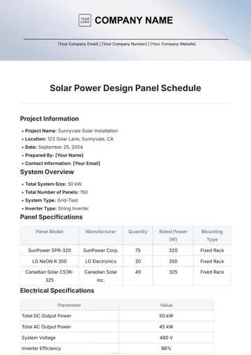 Free Solar Power Design Panel Schedule Template to Edit Online