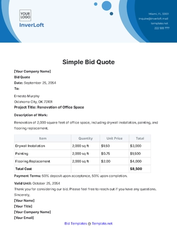 Free Simple Bid Quote Template to Edit Online