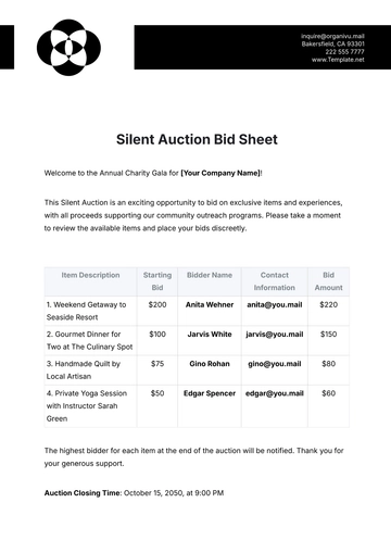 Free Sample Silent Auction Bid Sheet Template to Edit Online