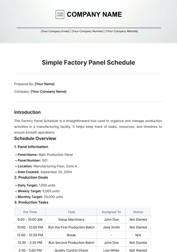 Free Simple Factory Panel Schedule Template to Edit Online
