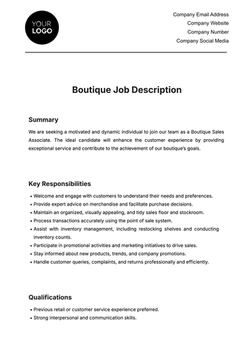 Free Boutique Job Description Template to Edit Online