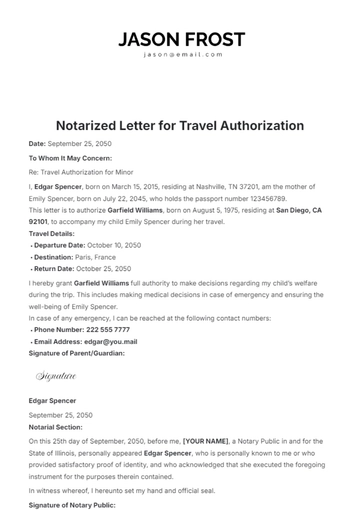Free Notarized Letter Template for Travel Authorization to Edit Online
