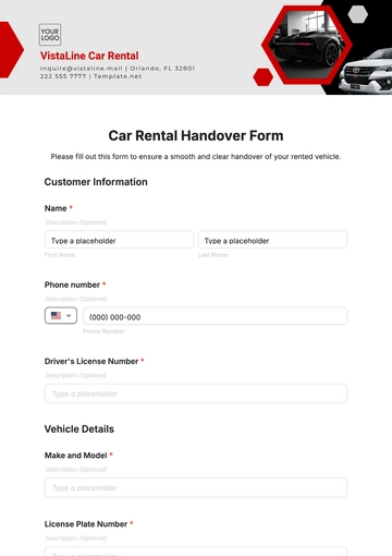 Free Car Rental Handover Form Template to Edit Online