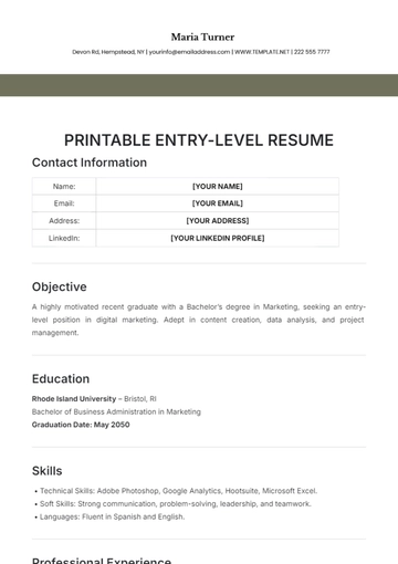 Free Printable Entry-Level Resume Template to Edit Online