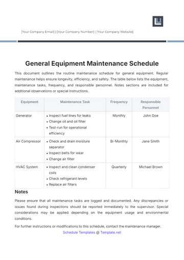 Free General Equipment Maintenance Schedule Template to Edit Online