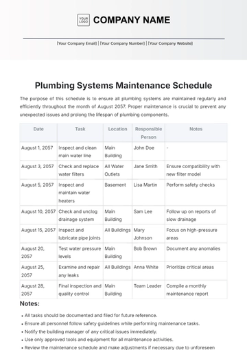 Free Plumbing Systems Maintenance Schedule Template to Edit Online