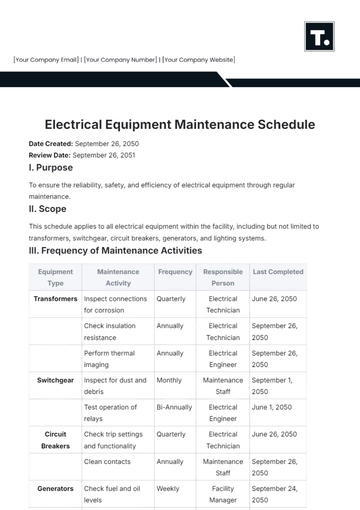 Free Electrical Equipment Maintenance Schedule Template to Edit Online