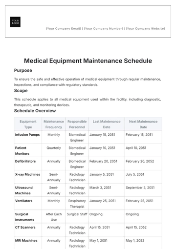 Free Medical Equipment Maintenance Schedule Template to Edit Online