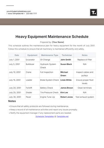 Free Heavy Equipment Maintenance Schedule Template to Edit Online