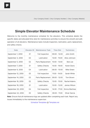 Free Simple Elevator Maintenance Schedule Template to Edit Online