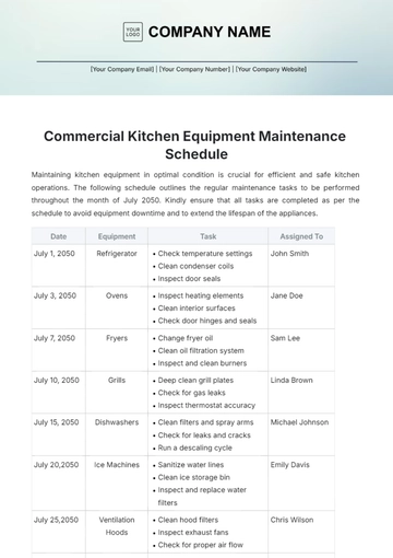 Free Commercial Kitchen Equipment Maintenance Schedule to Edit Online