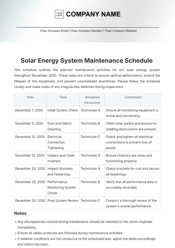 Free Solar Energy System Maintenance Schedule Template to Edit Online