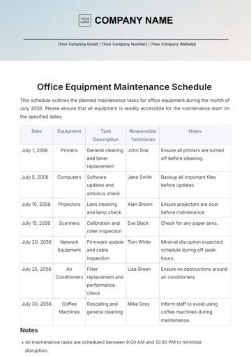 Free Aesthetic Office Equipment Maintenance Schedule Template to Edit Online