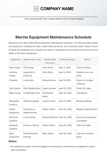 Free Marine Equipment Maintenance Schedule Template to Edit Online