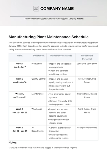 Free Manufacturing Plant Maintenance Schedule Template to Edit Online