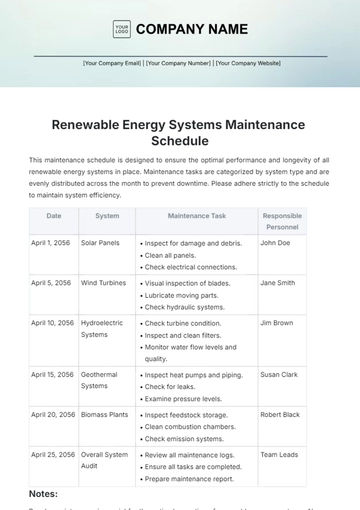 Free Renewable Energy Systems Maintenance Schedule Template to Edit Online