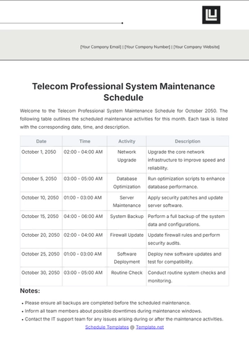 Free Telecom Professional System Maintenance Schedule Template to Edit Online