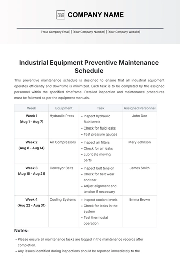 Free Industrial Equipment Preventive Maintenance Template to Edit Online