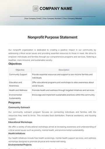 Free Nonprofit Purpose Statement Template to Edit Online