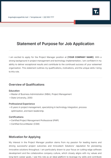 Free Statement of Purpose for Job Application Template to Edit Online