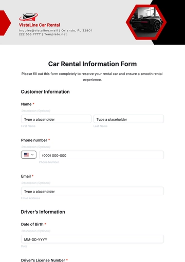 Free Car Rental Information Form Template to Edit Online