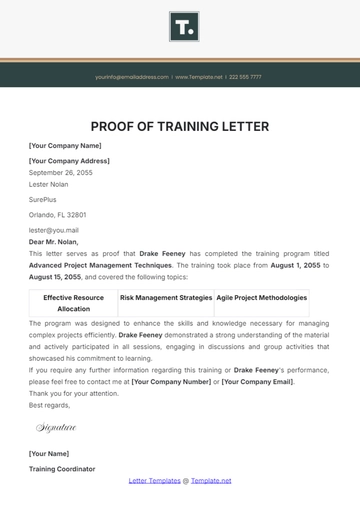 Free Proof of Training Letter Template to Edit Online