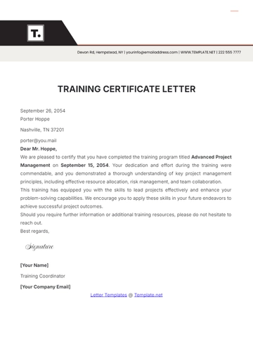 Free Training Certificate Letter Template to Edit Online