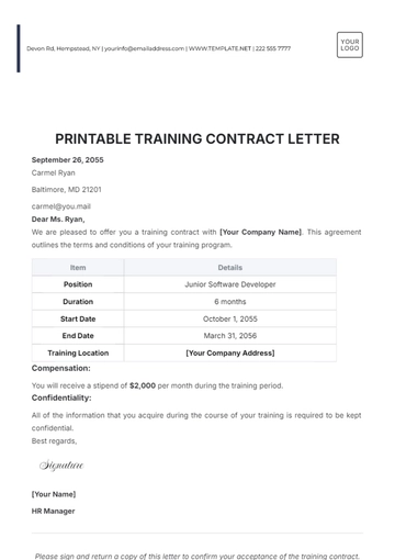 Free Printable Training Contract Letter Template to Edit Online