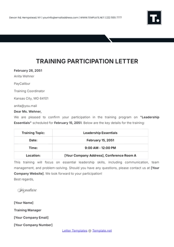Free Training Participation Letter Template to Edit Online