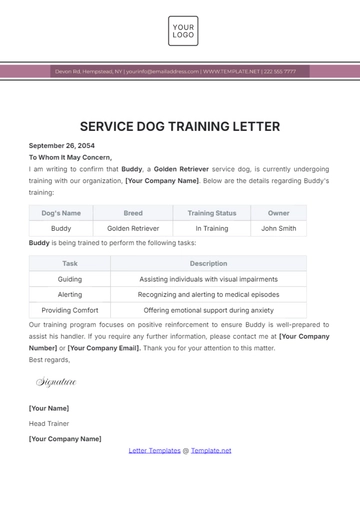 Free Service Dog Training Letter Template to Edit Online
