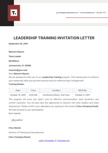 Free Leadership Training Invitation Letter Template to Edit Online