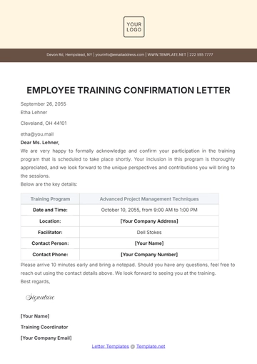 Free Employee Training Confirmation Letter Template to Edit Online