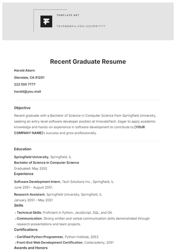 Free Recent Graduate Resume Template to Edit Online