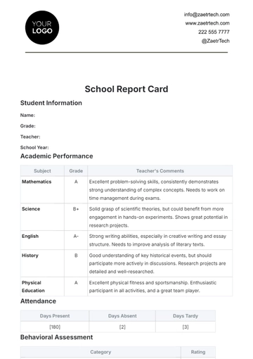 Free School Report Card Template to Edit Online