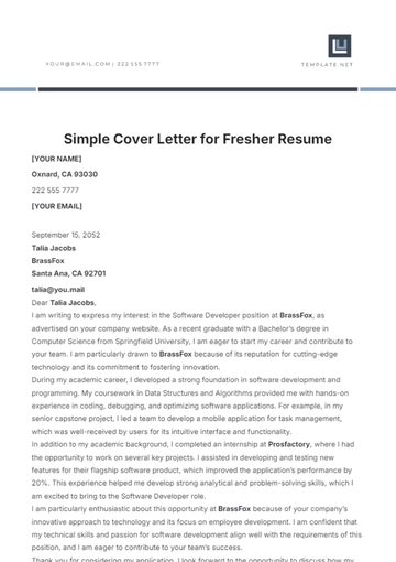 Free Simple Cover Letter for Fresher Resume Template to Edit Online