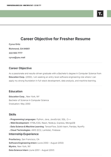 Free Career Objective for Fresher Resume Template to Edit Online