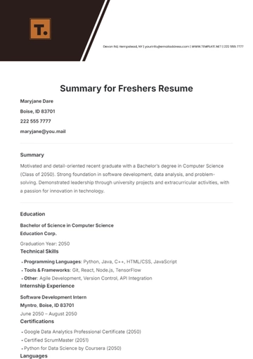 Free Summary for Fresher Resume Template to Edit Online