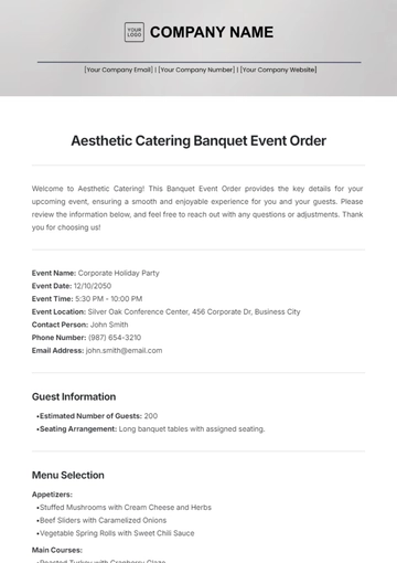 Free Aesthetic Catering Banquet Event Order Template to Edit Online