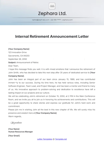 Free Internal Retirement Announcement Letter Template to Edit Online