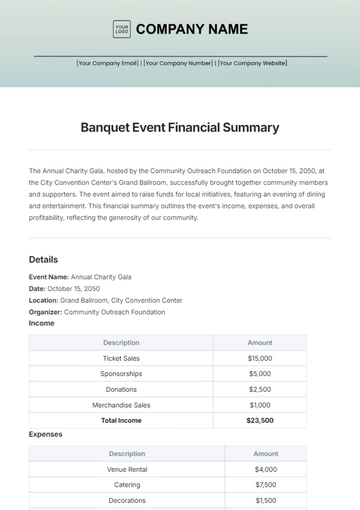 Free Banquet Event Financial Summary Template to Edit Online