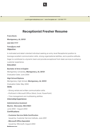 Free Receptionist Fresher Resume Template to Edit Online
