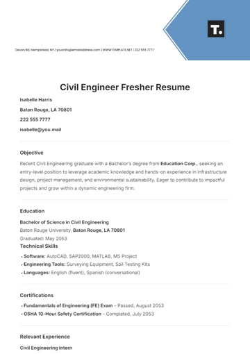 Free Civil Engineer Fresher Resume Template to Edit Online
