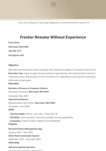 Free Fresher Resume Without Experience Template to Edit Online