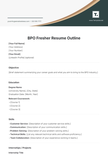 Free BPO Fresher Resume Outline Template to Edit Online