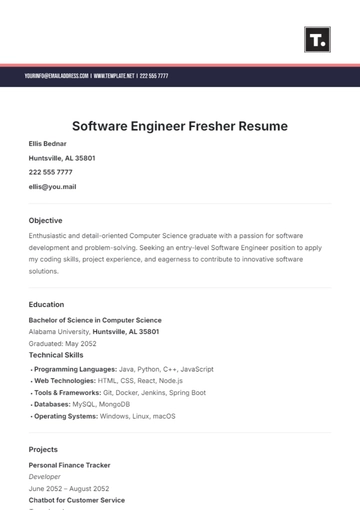 Free Software Engineer Fresher Resume Template to Edit Online