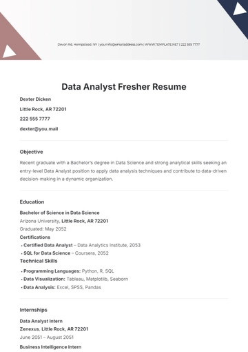 Free Data Analyst Fresher Resume Template to Edit Online