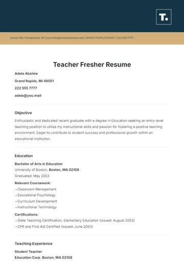 Free Teacher Fresher Resume Template to Edit Online