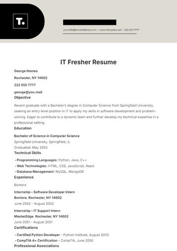 Free IT Fresher Resume Template to Edit Online