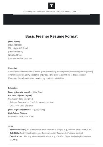 Free Basic Fresher Resume Format Template to Edit Online